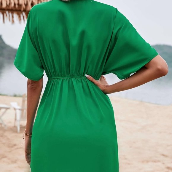 Green Boho Womens Solid Ruched Front Batwing Sleeve Dress - Picture 2 of 5